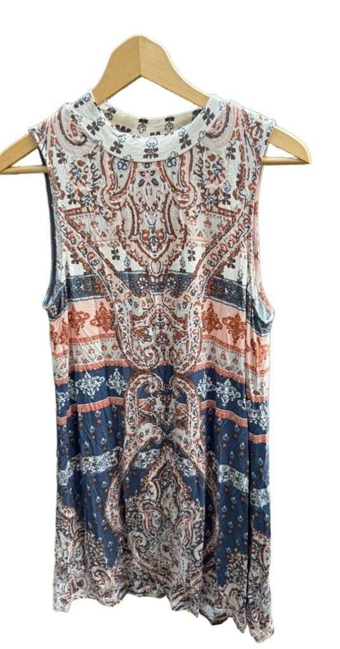 O'Neill Women's Paisley Print Mock Neck Swing Dress Tunic Blue Cream Size M